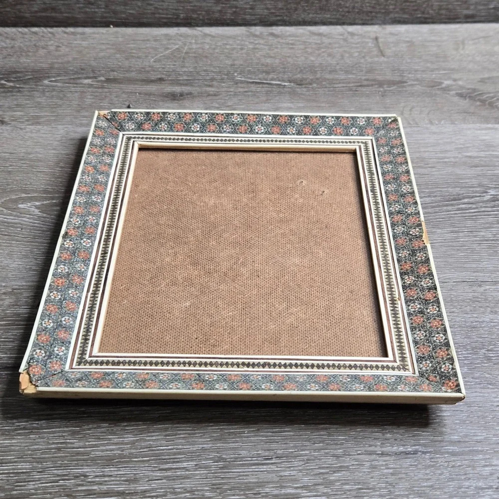 Vintage Middle Eastern Moroccan Kari Inlay Marquetry Wood Frame Geometric Mosaic